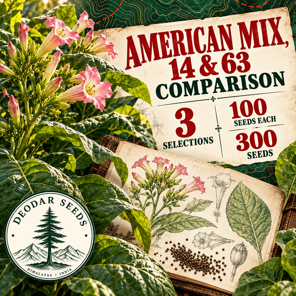 American Mix, 14 & 63 Comparison — 3 Seed Selections | Nicotiana tabacum — AI-generated kit illustration