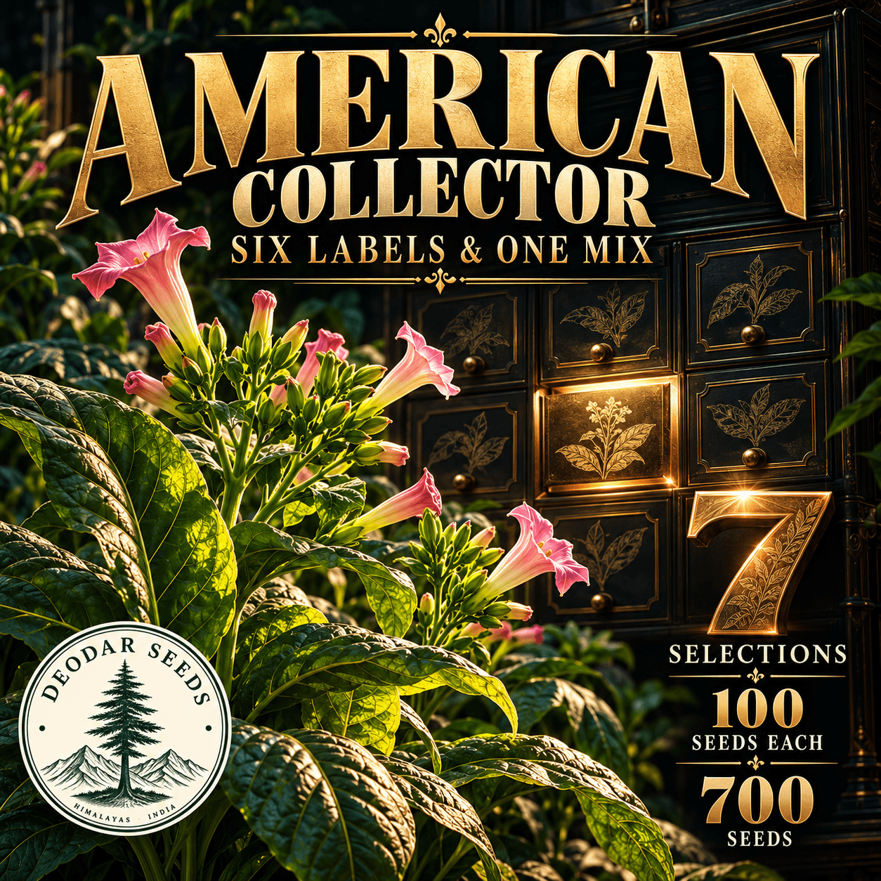 American Collector Six Labels & One Mix — 7 Seed Selections | Nicotiana tabacum — AI-generated kit illustration