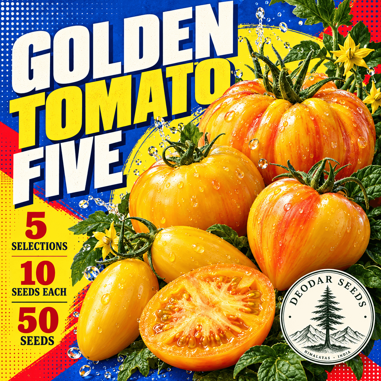 Golden Tomato Five — 5 Seed Selections — AI-generated kit illustration