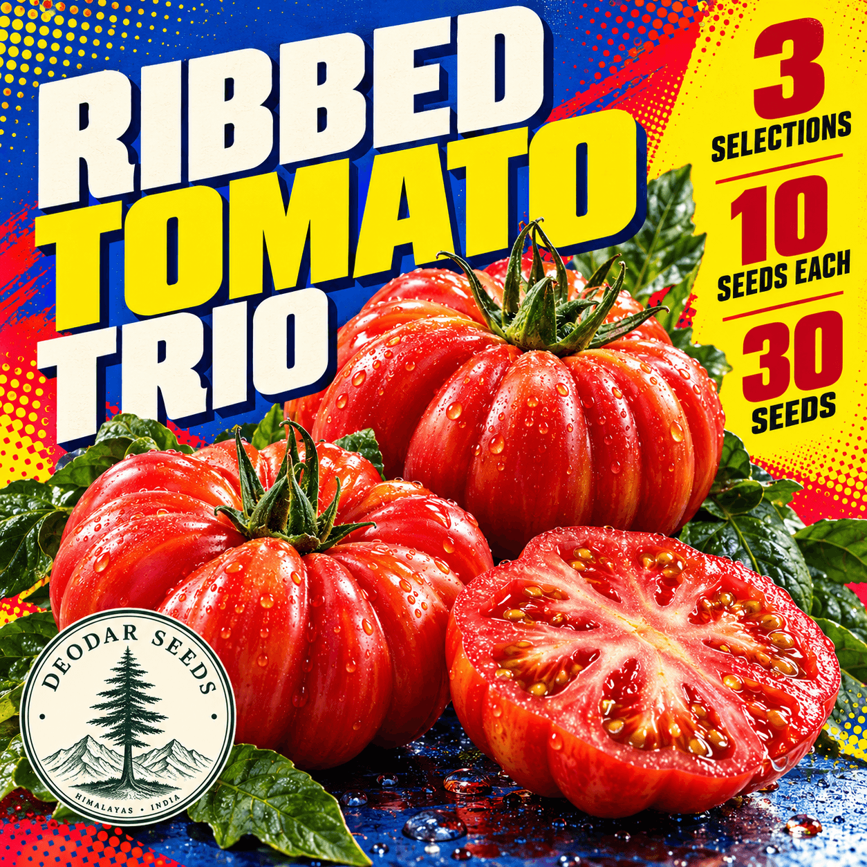 Ribbed Tomato Trio — 3 Seed Selections — AI-generated kit illustration