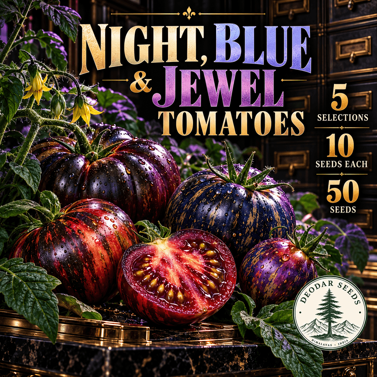 Night, Blue & Jewel Tomatoes — 5 Seed Selections — AI-generated kit illustration