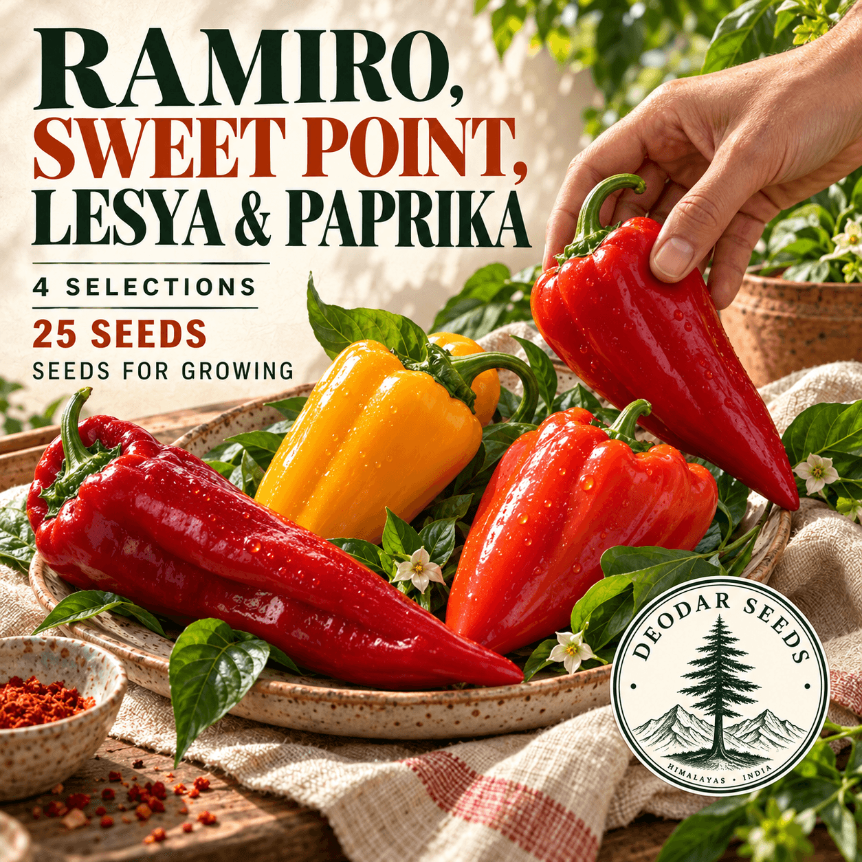 Ramiro, Sweet Point, Lesya & Paprika — 4 Seed Selections — AI-generated kit illustration