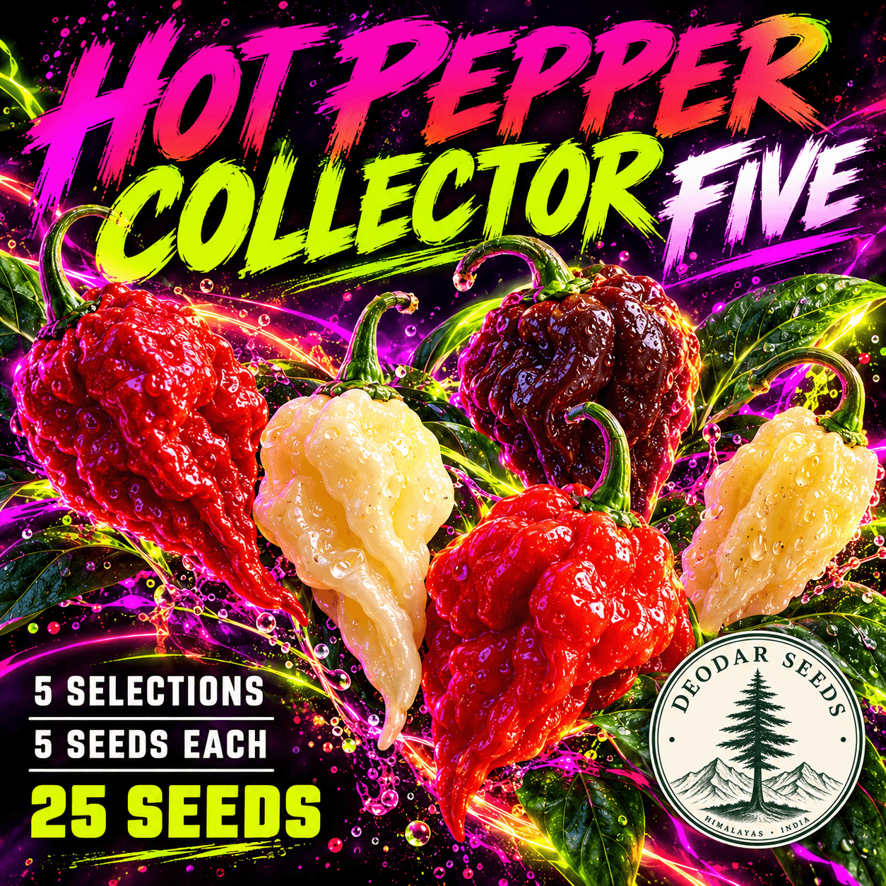 Hot Pepper Collector Five — 5 Seed Selections — AI-generated kit illustration