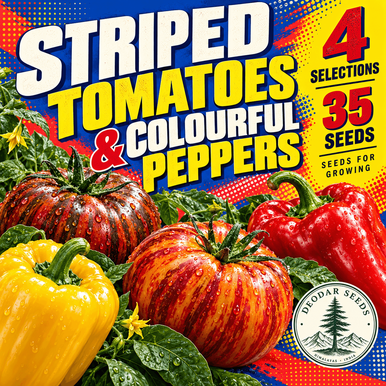 Striped Tomatoes & Colourful Peppers — 4 Seed Selections — AI-generated kit illustration