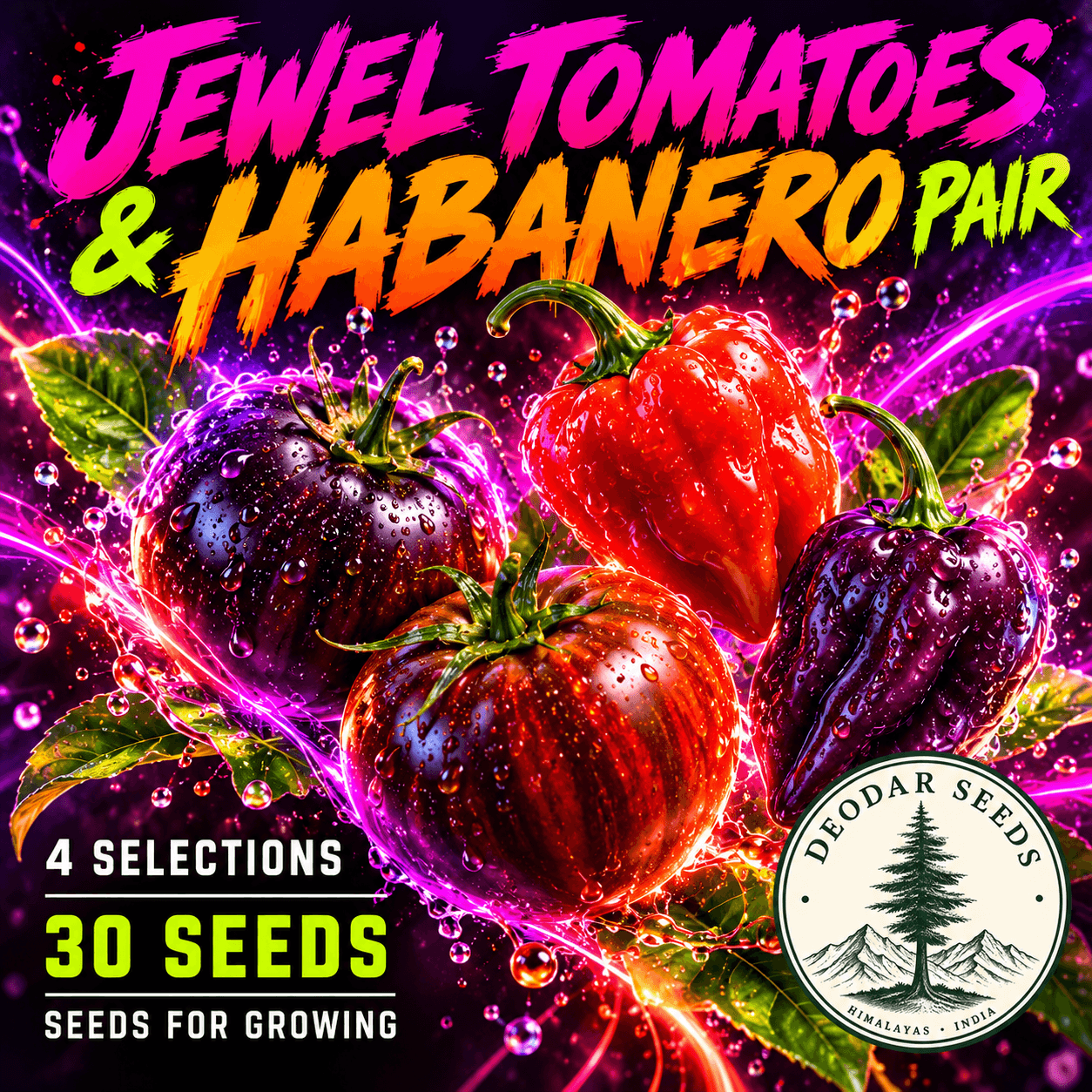 Jewel Tomatoes & Habanero Pair — 4 Seed Selections — AI-generated kit illustration