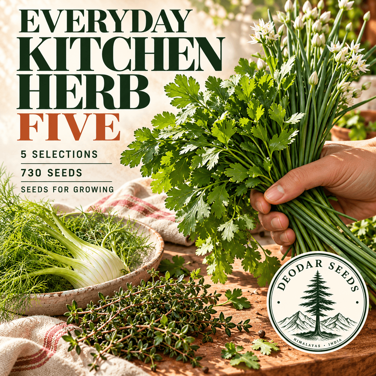Everyday Kitchen Herb Five — 5 Seed Selections — AI-generated kit illustration