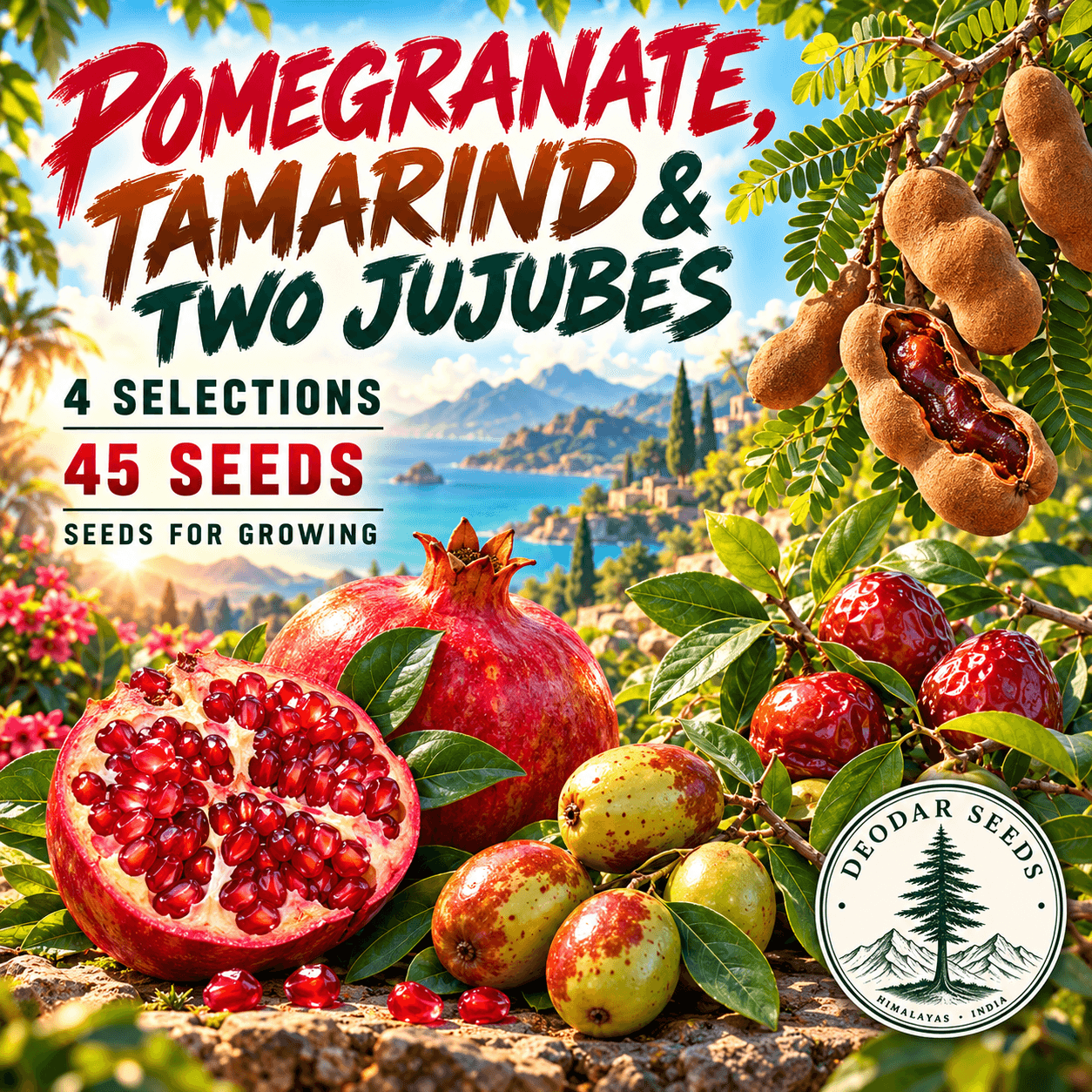Pomegranate, Tamarind & Two Jujubes — 4 Seed Selections — AI-generated kit illustration