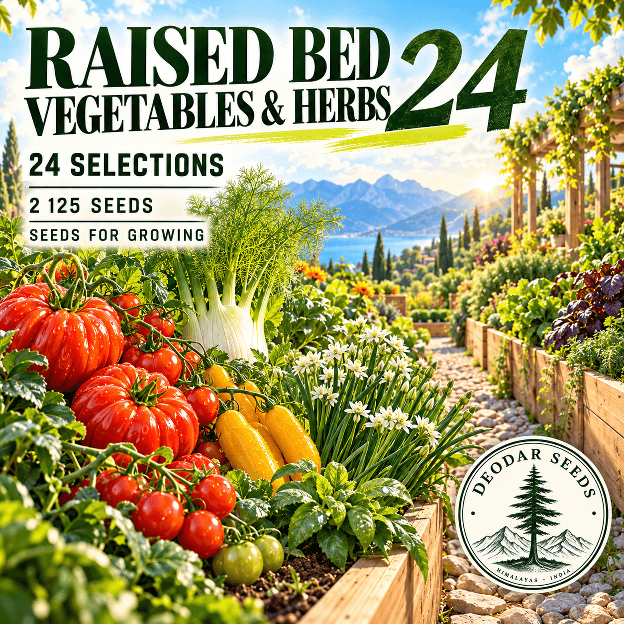 Raised Bed Vegetables & Herbs 24 — 24 Seed Selections — AI-generated kit illustration