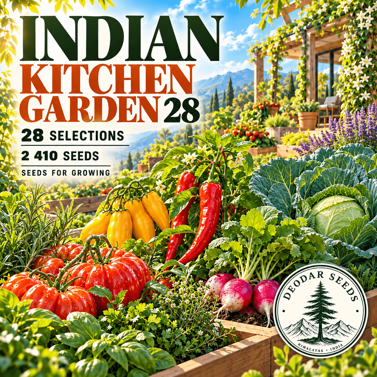 Indian Kitchen Garden 28 — 28 Seed Selections — AI-generated kit illustration