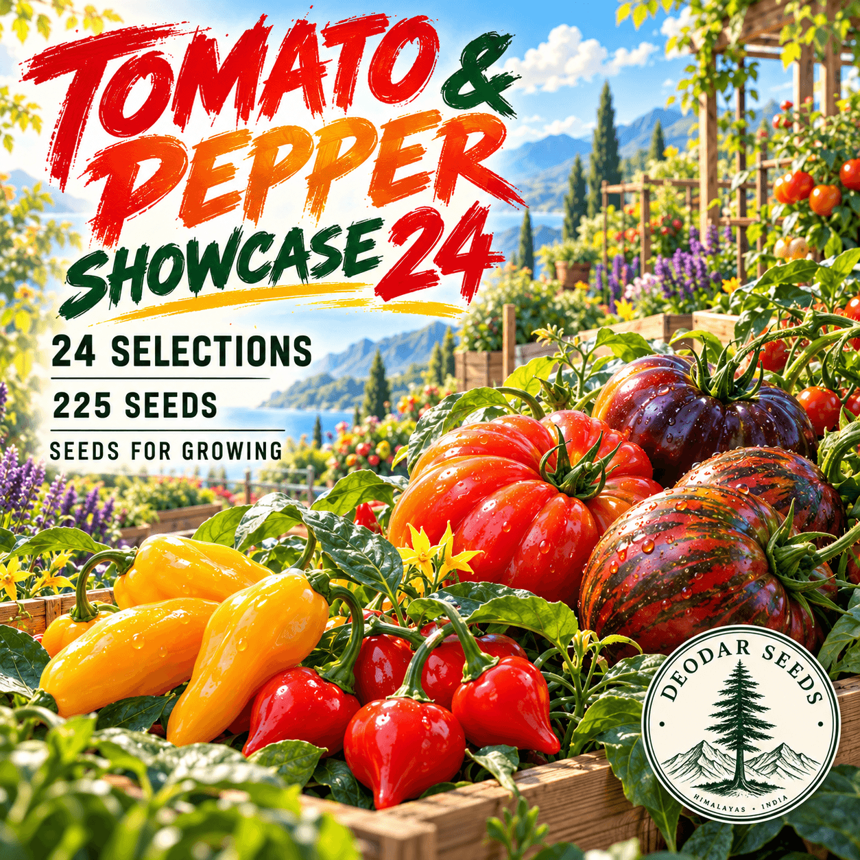 Tomato & Pepper Showcase 24 — 24 Seed Selections — AI-generated kit illustration