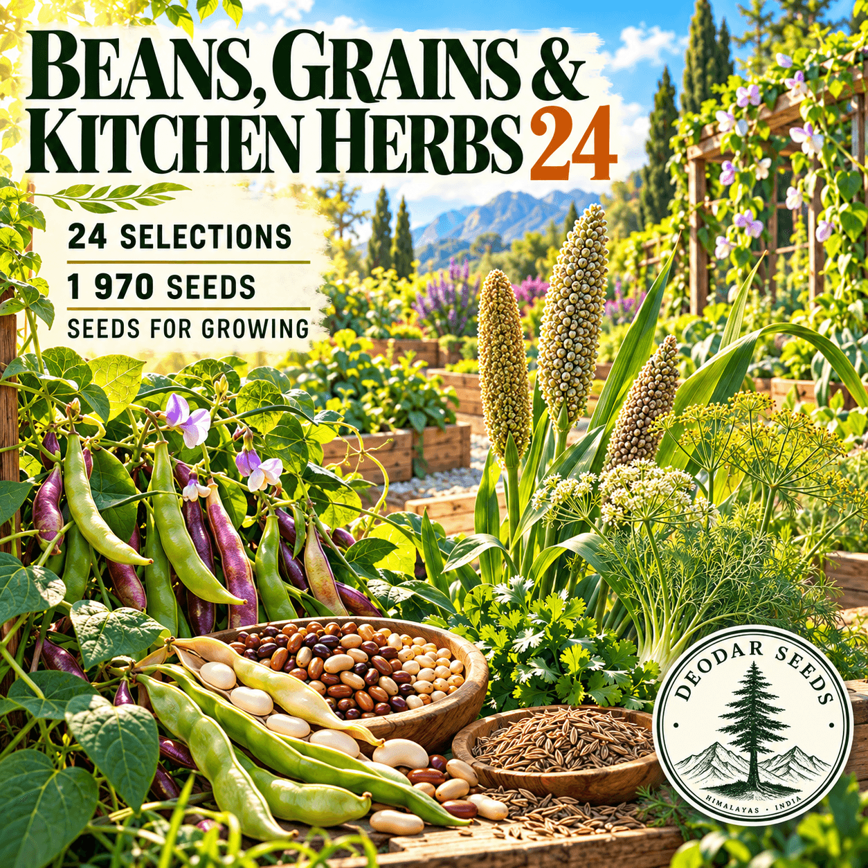 Beans, Grains & Kitchen Herbs 24 — 24 Seed Selections — AI-generated kit illustration