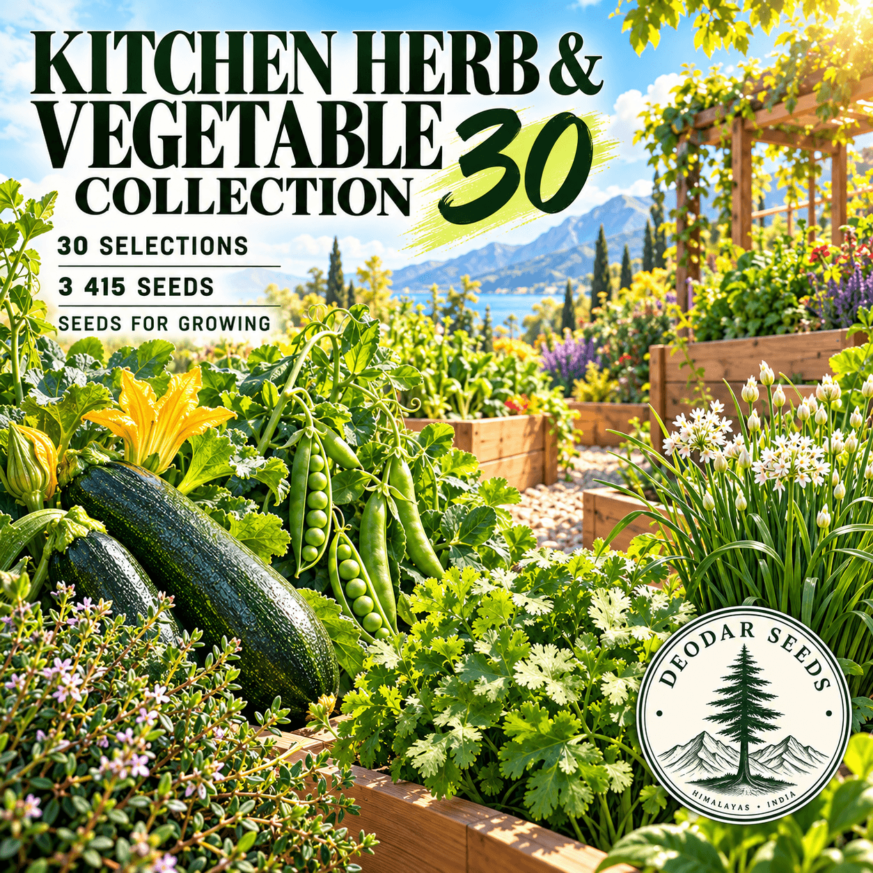 Kitchen Herb & Vegetable Collection 30 — 30 Seed Selections — AI-generated kit illustration