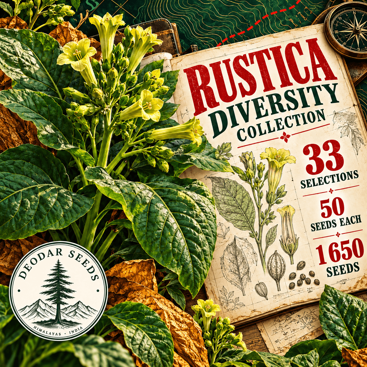 Rustica Diversity Collection — 33 Seed Selections | Nicotiana rustica — AI-generated kit illustration