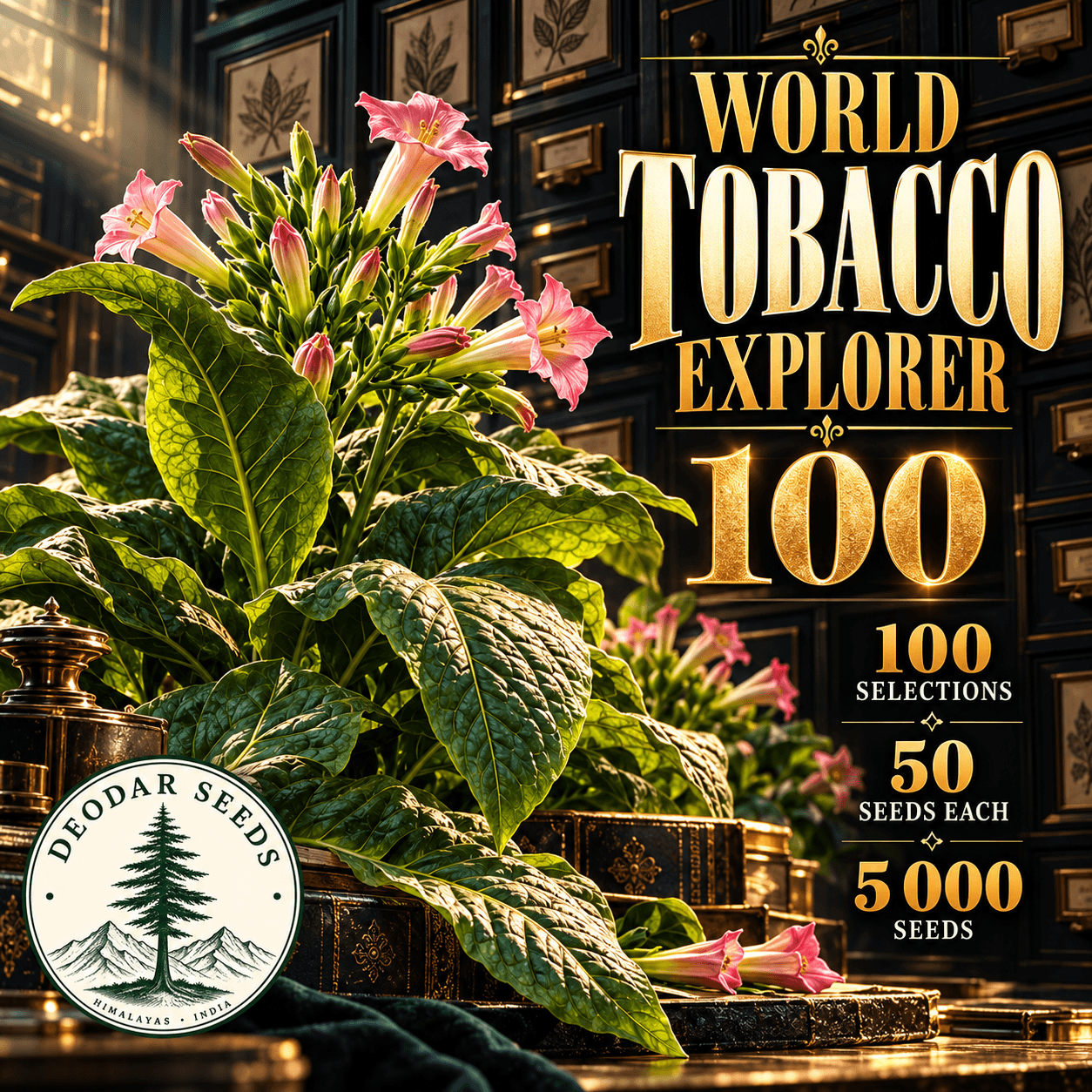 World Nicotiana Explorer 100 — 100 Seed Selections | Nicotiana tabacum — AI-generated kit illustration