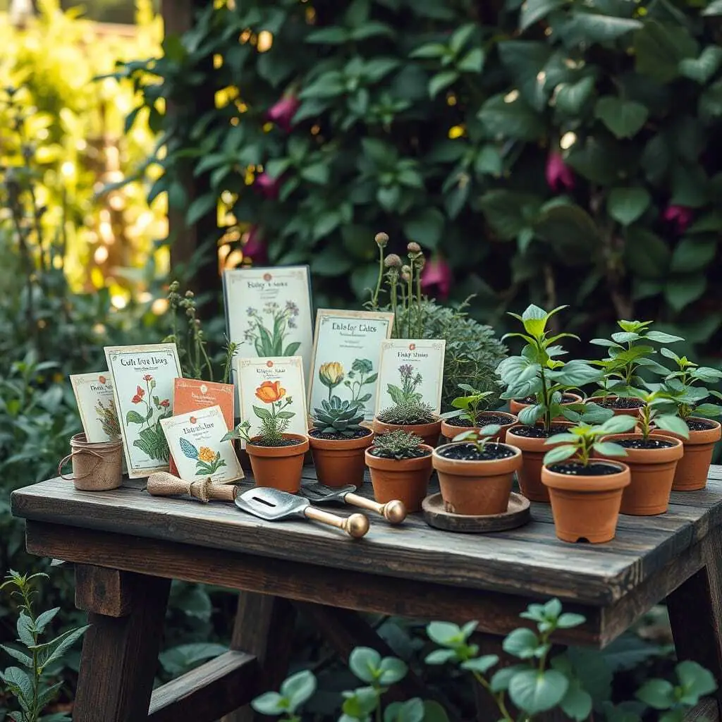 Seed packets, seedlings in clay pots and garden tools on a potting bench